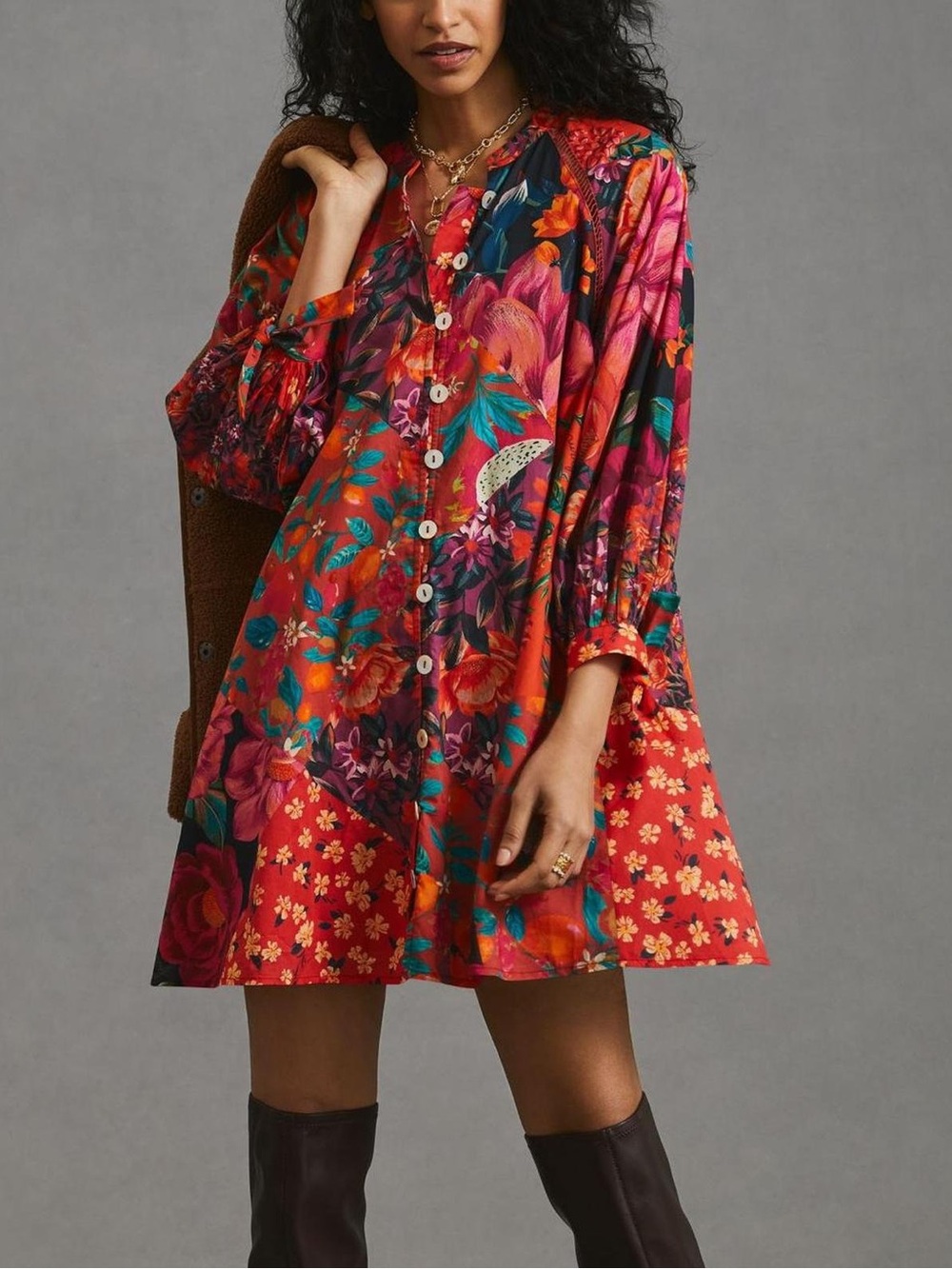Medium farm Rio x Anthropologie Button-Front mini shirt dress red print flaw